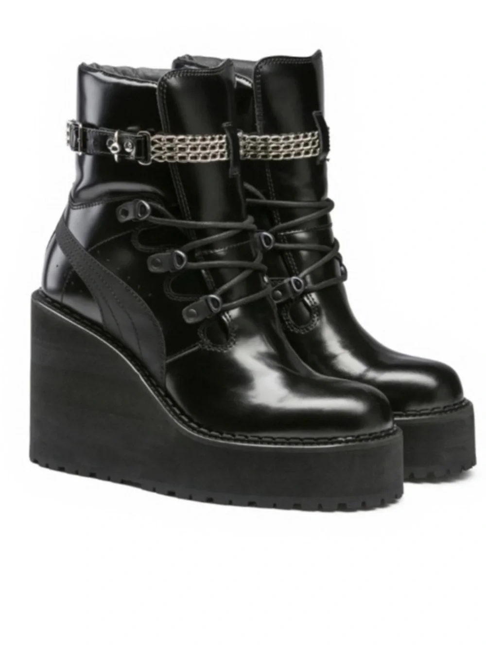 Puma x Fenty Rhianna Black Platform Lace-Up Ankle Boots with Chain Accent